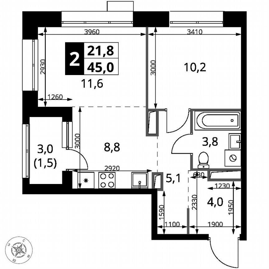 2-к. квартира, 45 м², 16/21 эт.