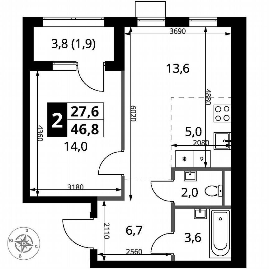 1-к. квартира, 46,8 м², 13/16 эт.