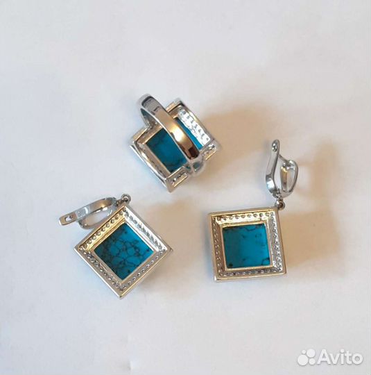 Серьги и кольцо. Серебро 925 пр. Бирюза