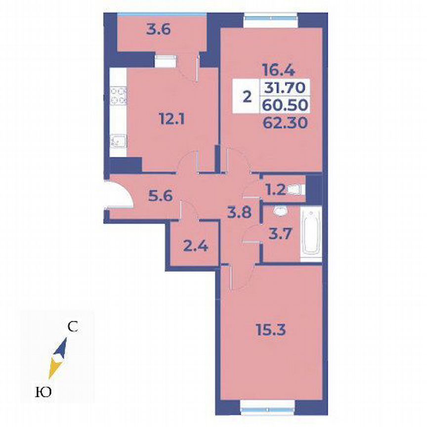 2-к. квартира, 62,3 м², 7/9 эт.