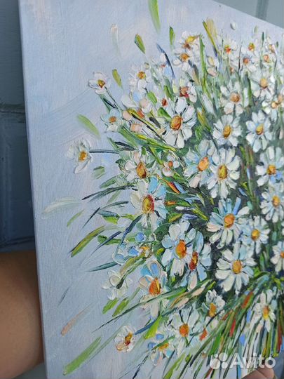 Картина Ромашки маслом цветы полевые холст 30х30см