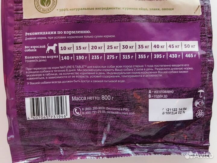 Сухой корм для собак Nature's Table 800 грамм