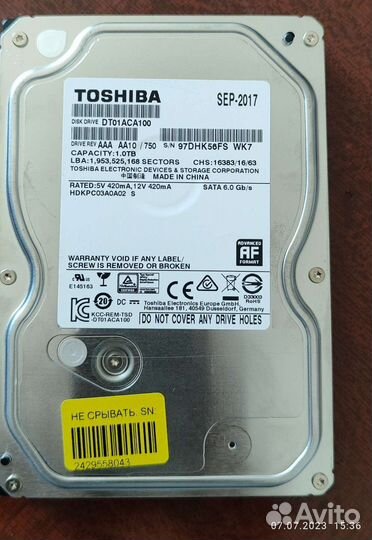 HDD Toshiba 1 Tb SATA 6.0 Gb/s
