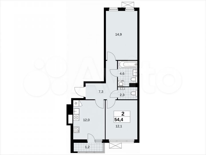 2-к. квартира, 54,4 м², 6/13 эт.