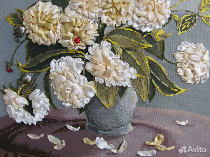 Пионы и георгины вышивка лентами