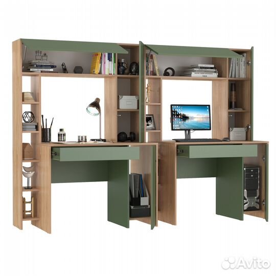 Два больших компьютерных стола Mobi Комфорт 12.71 цвет гикори рокфорд/дымчатый зелёный