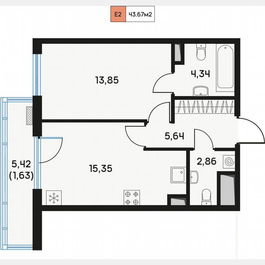 1-к. квартира, 44,4 м², 8/9 эт.