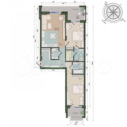 2-к. квартира, 97,7 м², 9/11 эт.
