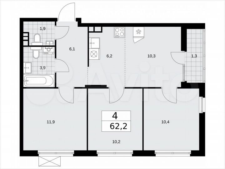 4-к. квартира, 62,2 м², 7/15 эт.