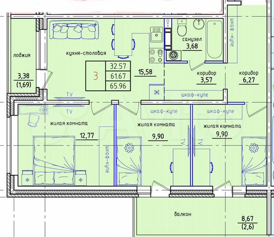 3-к. квартира, 66 м², 3/4 эт.
