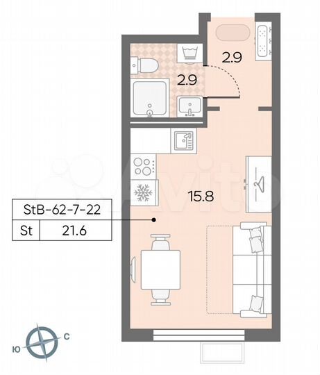 Квартира-студия, 21,6 м², 15/22 эт.