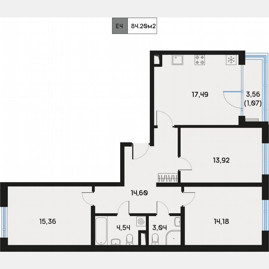 3-к. квартира, 84,7 м², 3/9 эт.