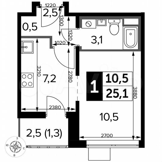Квартира-студия, 25,1 м², 12/25 эт.