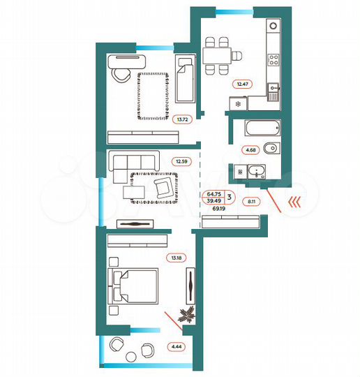 3-к. квартира, 69,2 м², 4/9 эт.