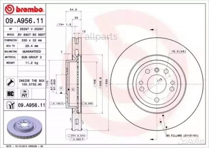 Brembo 09.A956.11 Диск тормозной передн. с уф покр