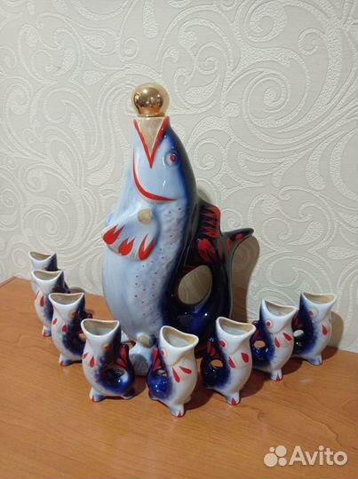 Графин рыбки фарфор СССР рюмки 8 шт коньячные