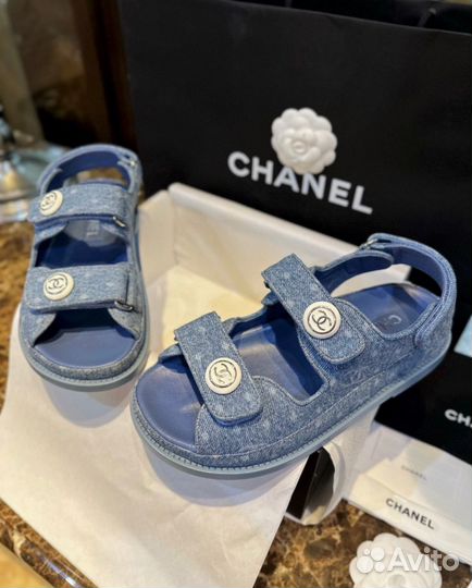 Сандалии chanel голубые джинсовые