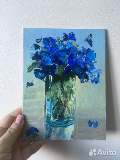 Картина маслом весна/ синие цветы