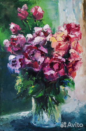 Картина цветы в вазе Натюрморт маслом Этюд розы