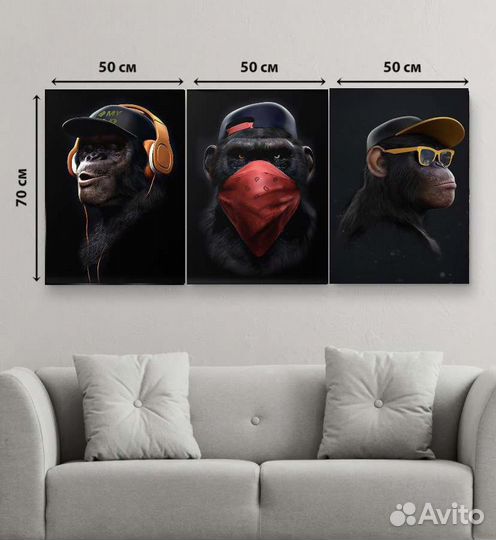 Картины на холсте 3 обезьяны в интерьер