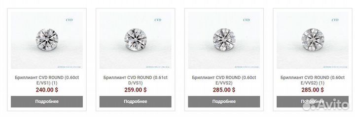 Бриллианты CVD 0.61ct D/VS1