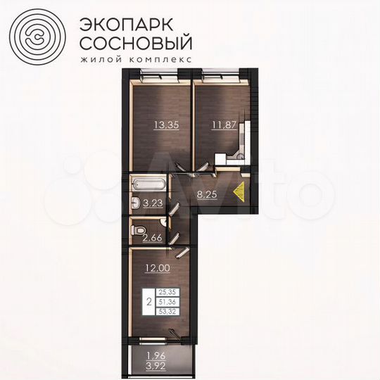 2-к. квартира, 51,3 м², 2/4 эт.