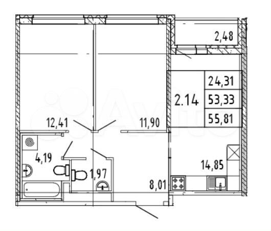 2-к. квартира, 54,6 м², 7/18 эт.
