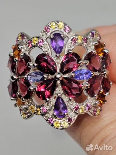 Серебряное кольцо микс танзанит гранат сапф