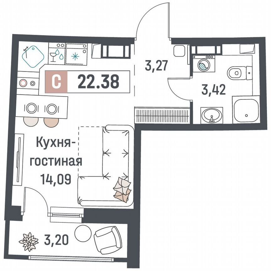 Квартира-студия, 22,4 м², 16/18 эт.