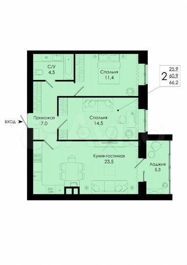 2-к. квартира, 66,2 м², 2/10 эт.