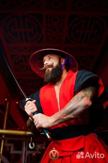 Мужской костюм, кимано, хаками, костюм самурая