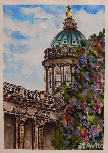 Картина акварелью Казанский собор, Питер