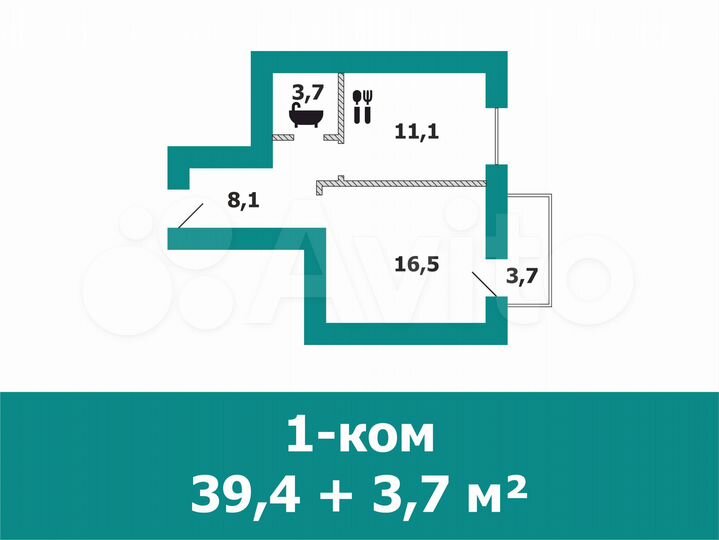 1-к. квартира, 39,4 м², 1/4 эт.