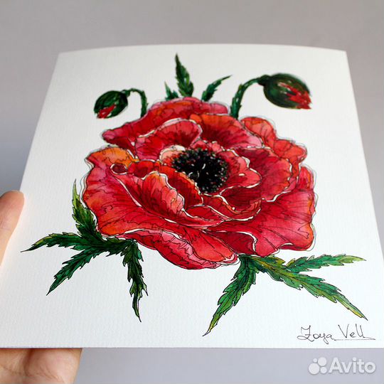 Картина акварелью цветок Красный МАК 20х20 см