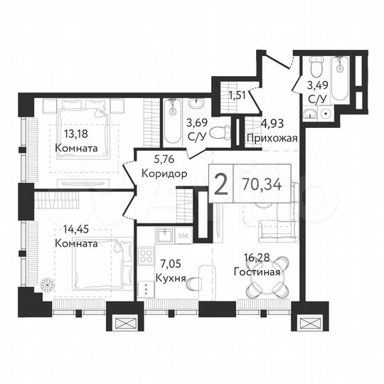 2-к. квартира, 70,3 м², 11/23 эт.