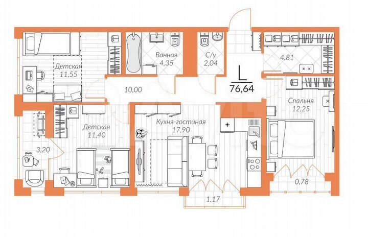 3-к. квартира, 76,3 м², 12/25 эт.