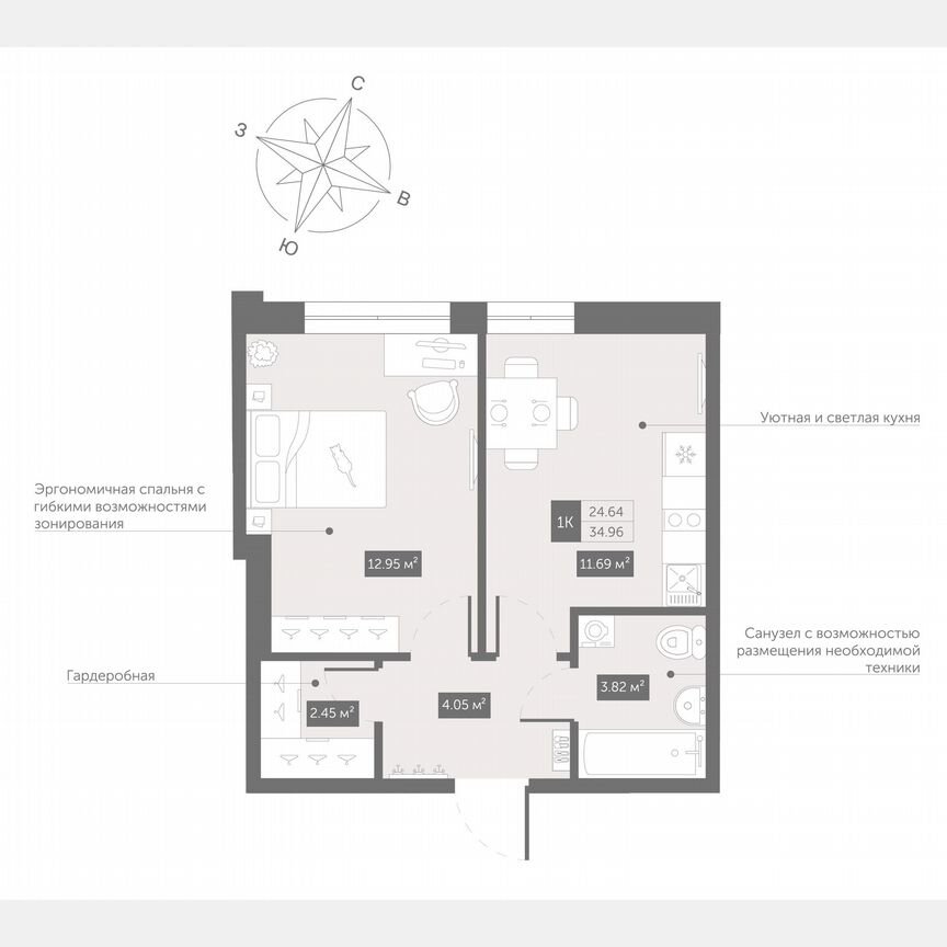 1-к. апартаменты, 35 м², 9/13 эт.
