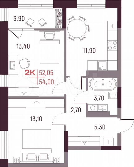 2-к. квартира, 52,1 м², 14/25 эт.