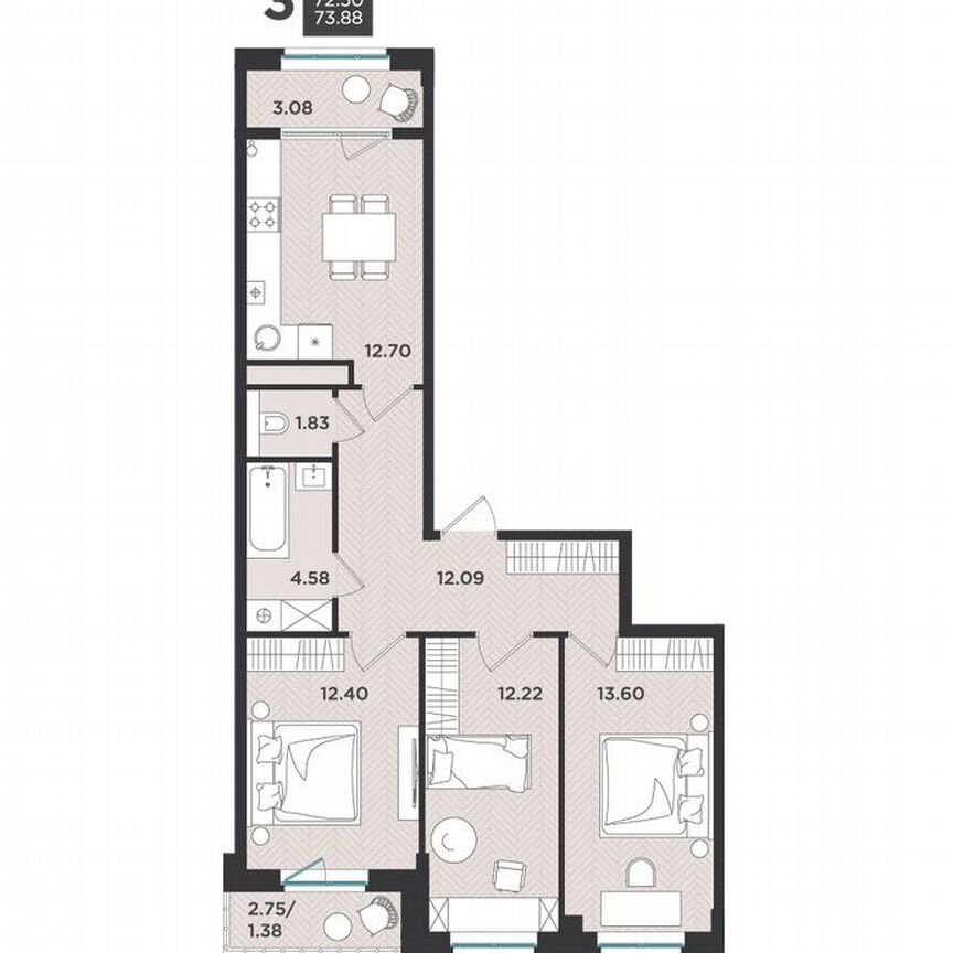 3-к. квартира, 73,9 м², 4/4 эт.