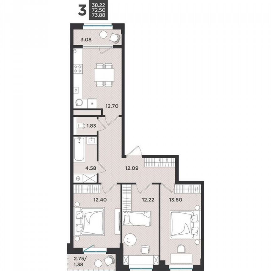 3-к. квартира, 73,9 м², 4/4 эт.