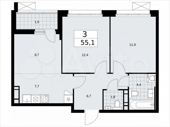 3-к. квартира, 55,1 м², 9/14 эт.