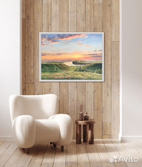 Картина маслом на заказ,пейзаж,облака,рассвет,река