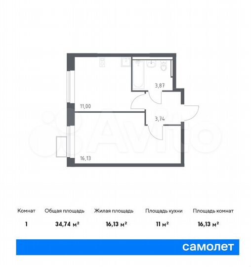 1-к. квартира, 34,7 м², 11/12 эт.