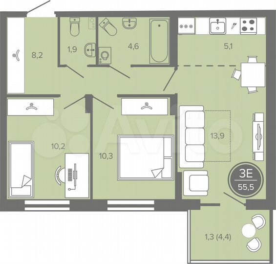 3-к. квартира, 55,5 м², 4/25 эт.