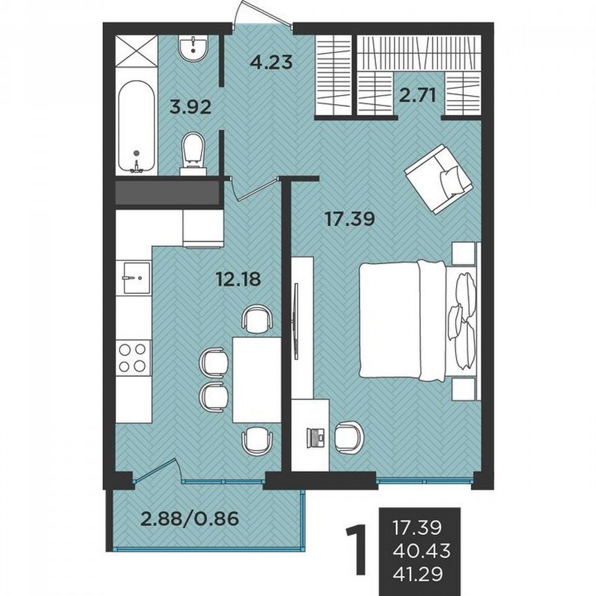 1-к. квартира, 41,1 м², 1/3 эт.