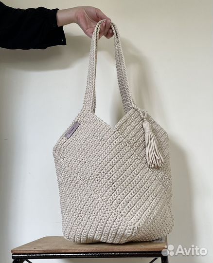 Cумка шопер бежевая, большая вязаная сумка