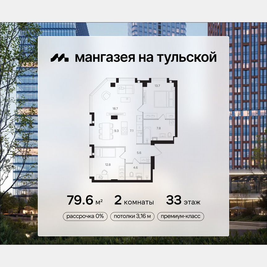 2-к. квартира, 79,6 м², 33/40 эт.