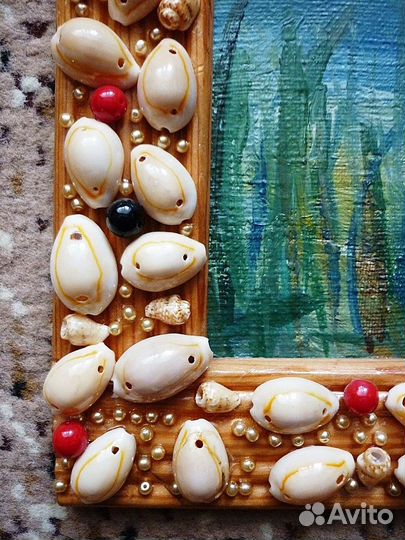 Картина 32 х 32 см, холст, рамка, ракушки