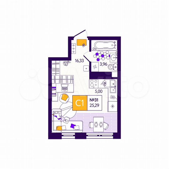 1-к. квартира, 25,3 м², 3/12 эт.