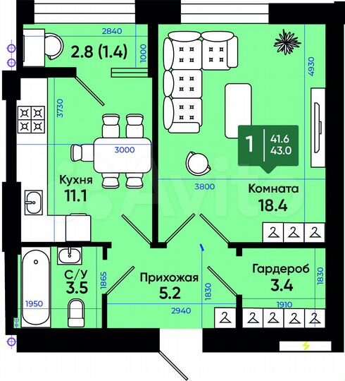 1-к. квартира, 43 м², 3/3 эт.